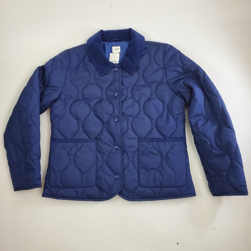 NWT J Crew Quilted Barn Chore Jacket Tack Corduroy Collar Coat Blue Medium